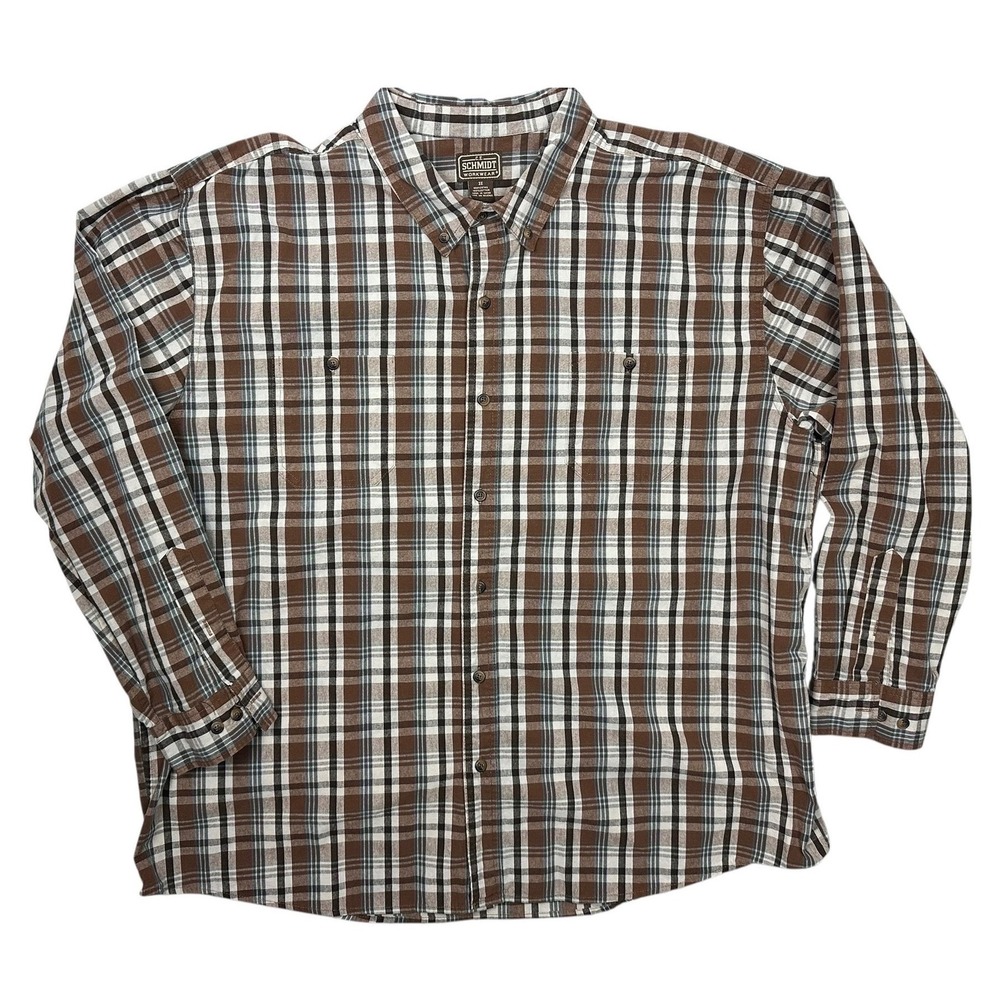 CE Schmidt Workwear Mens 3X Plaid Button Down Shirt Brown Blue Cotton Long Sleev